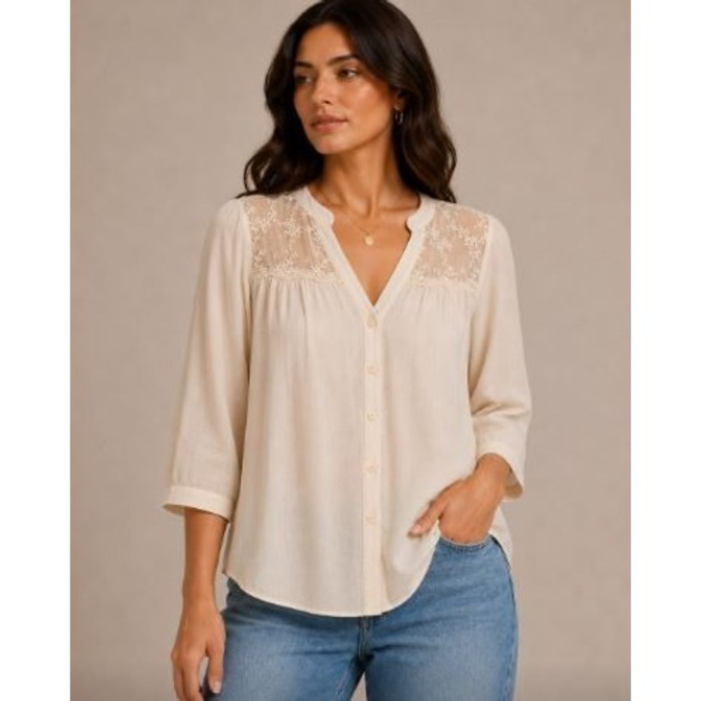 Lace Blouse Medium Cream Boho Romantic Cottage Fairy Peasant Chic Feminine Casua